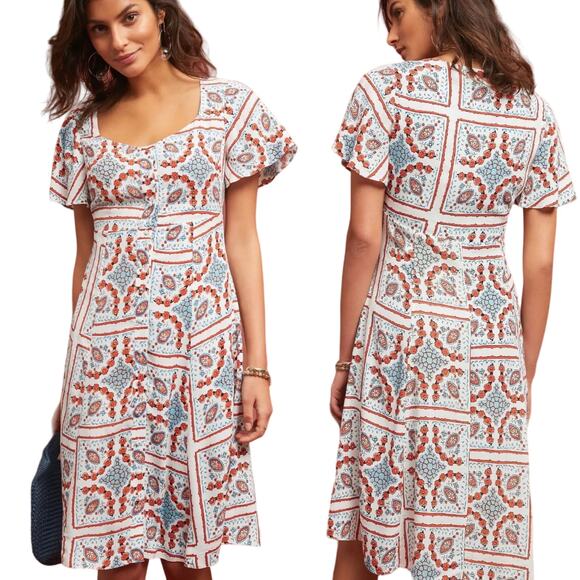 Anthropologie Maeve Praslin Mini Dress Floral Geometric Print Retro White Blue 2 - Picture 2 of 9